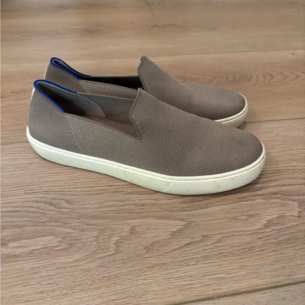 Rothy's Taupe Slip-On Sneakers with Blue Accents
